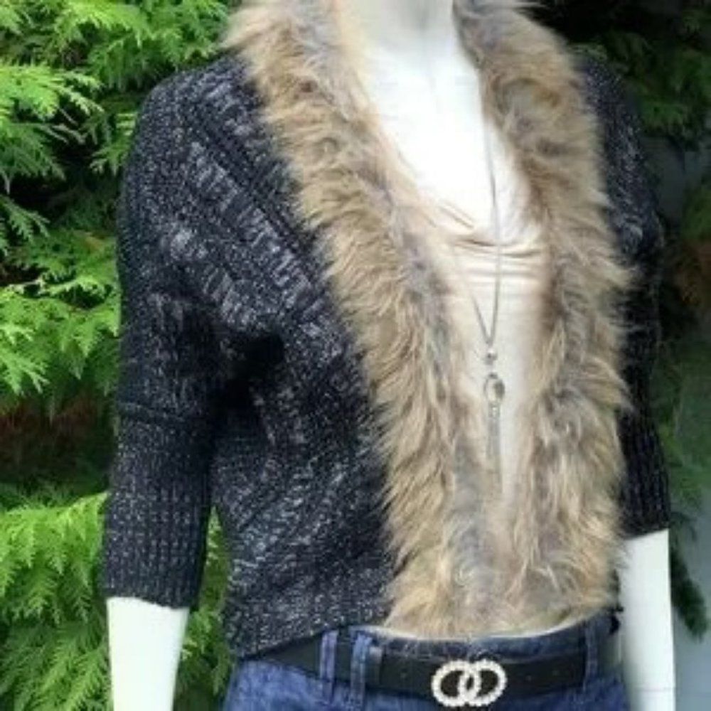 Knit Open Front Cardigan with Faux Fur Black and White Weave - Picture 2 of 6